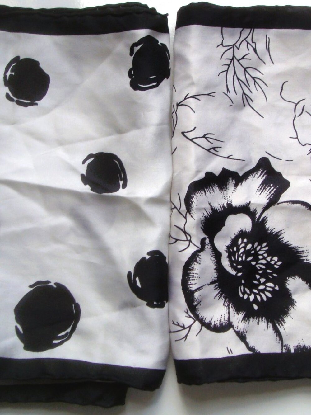 2 Vintage Silk Scarf Black Off White Floral Graphic Bold Dot